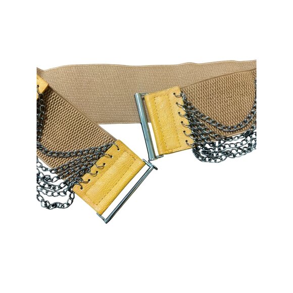 Light Brown Elastic Waist Cincher Belt Chain Detail Clasp Closure Stretch New - Picture 3 of 4